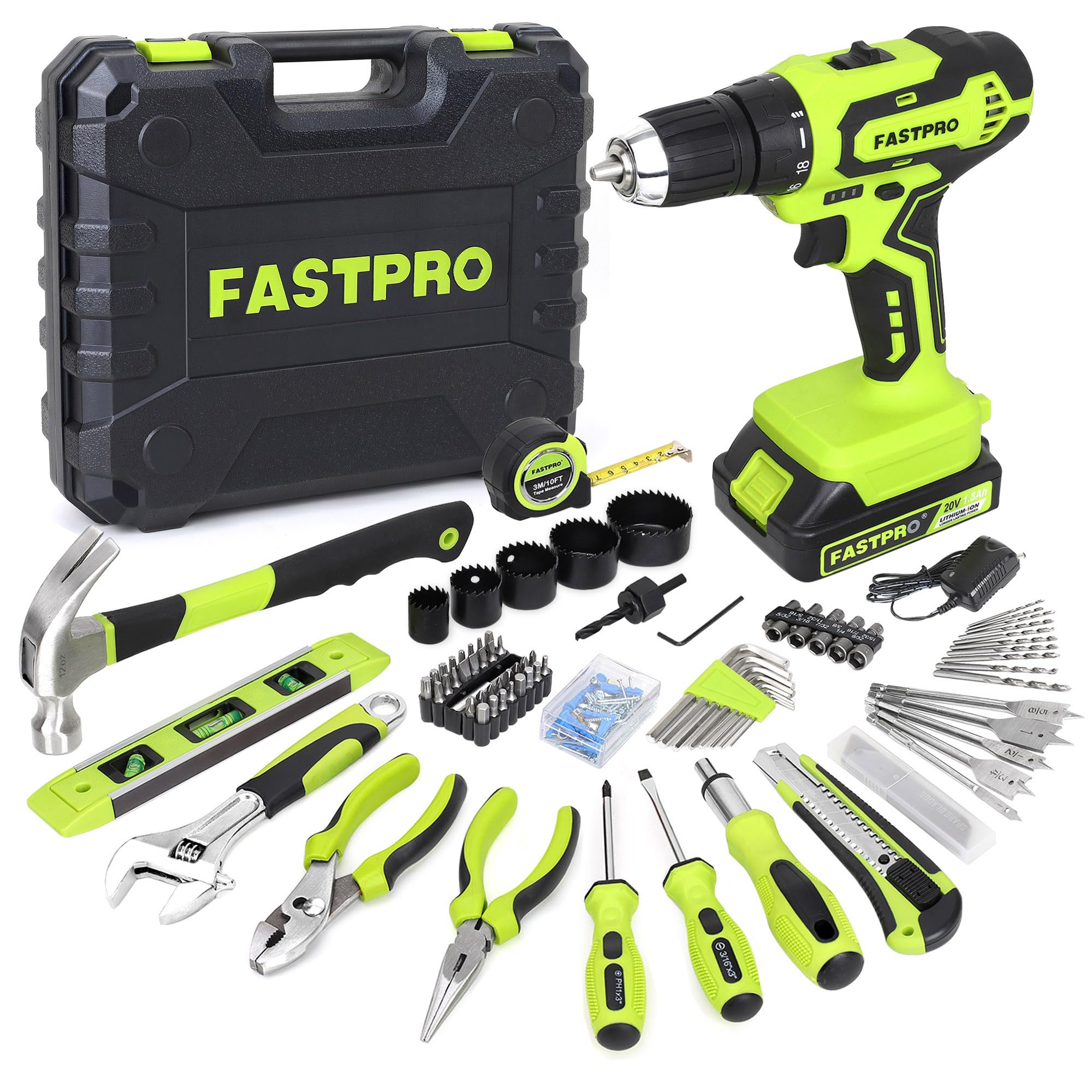 FASTPRO 177-piece drill kit in green case, ideal for quick home repairs.