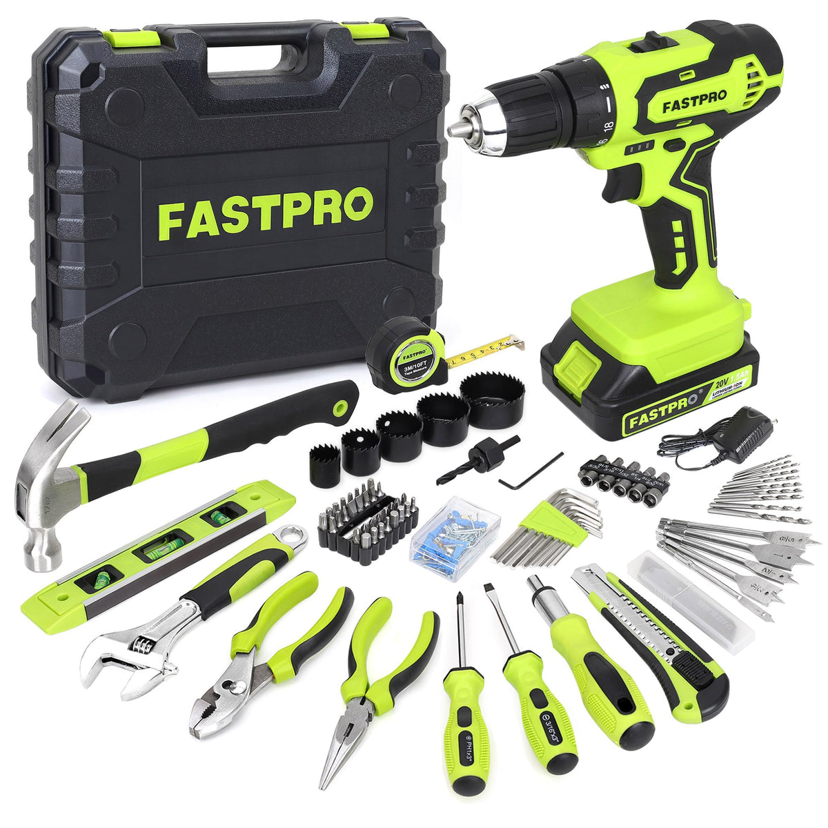 FASTPRO 177-piece drill kit in green case, ideal for quick home repairs.