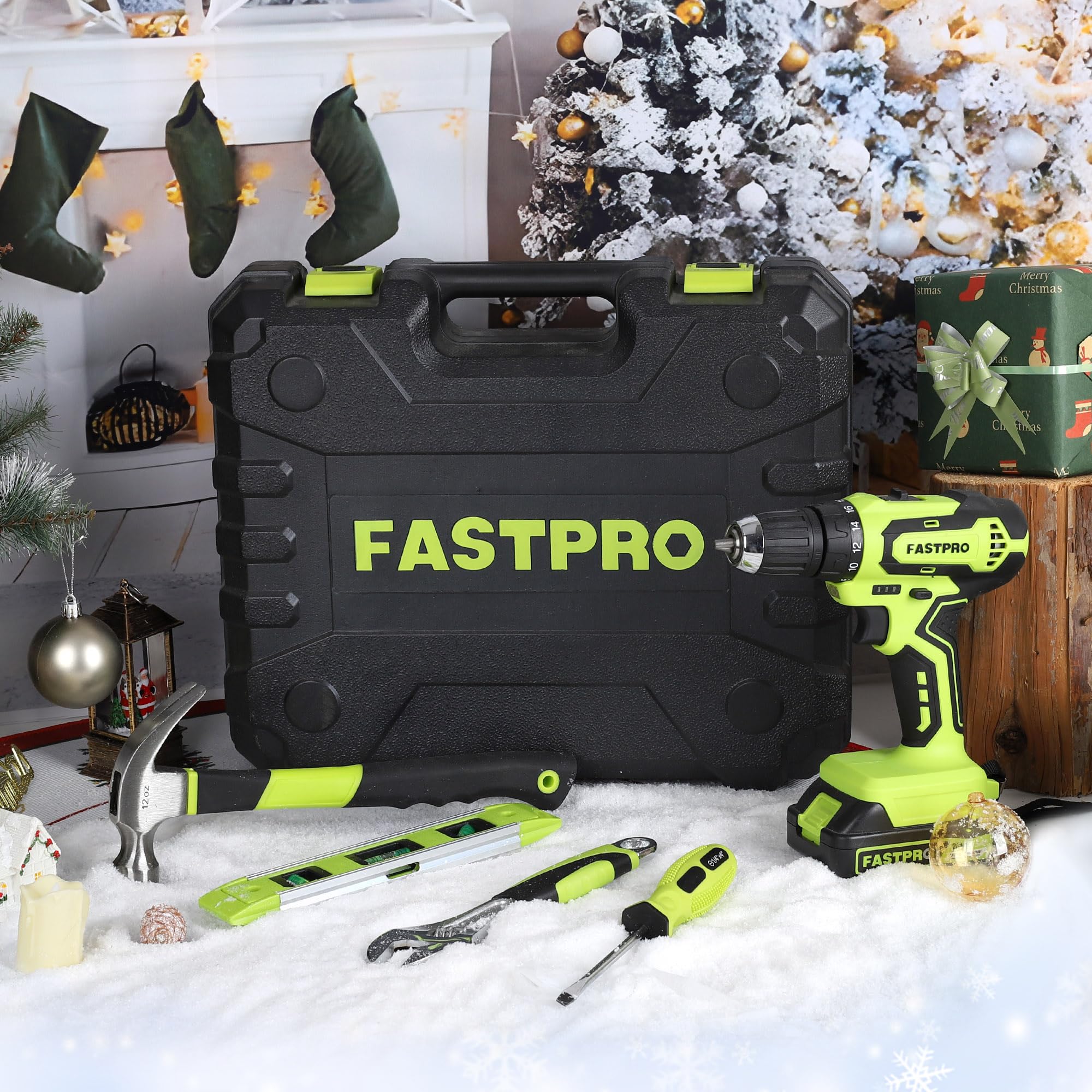 FASTPRO drill kit in open case shows included DIY tools.