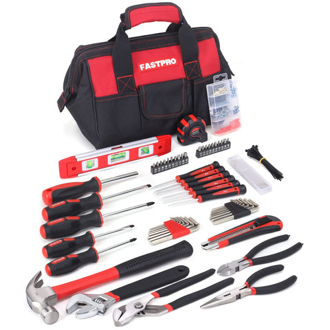 FASTPRO 215-piece tool set shown with organized open storage bag for quick access.