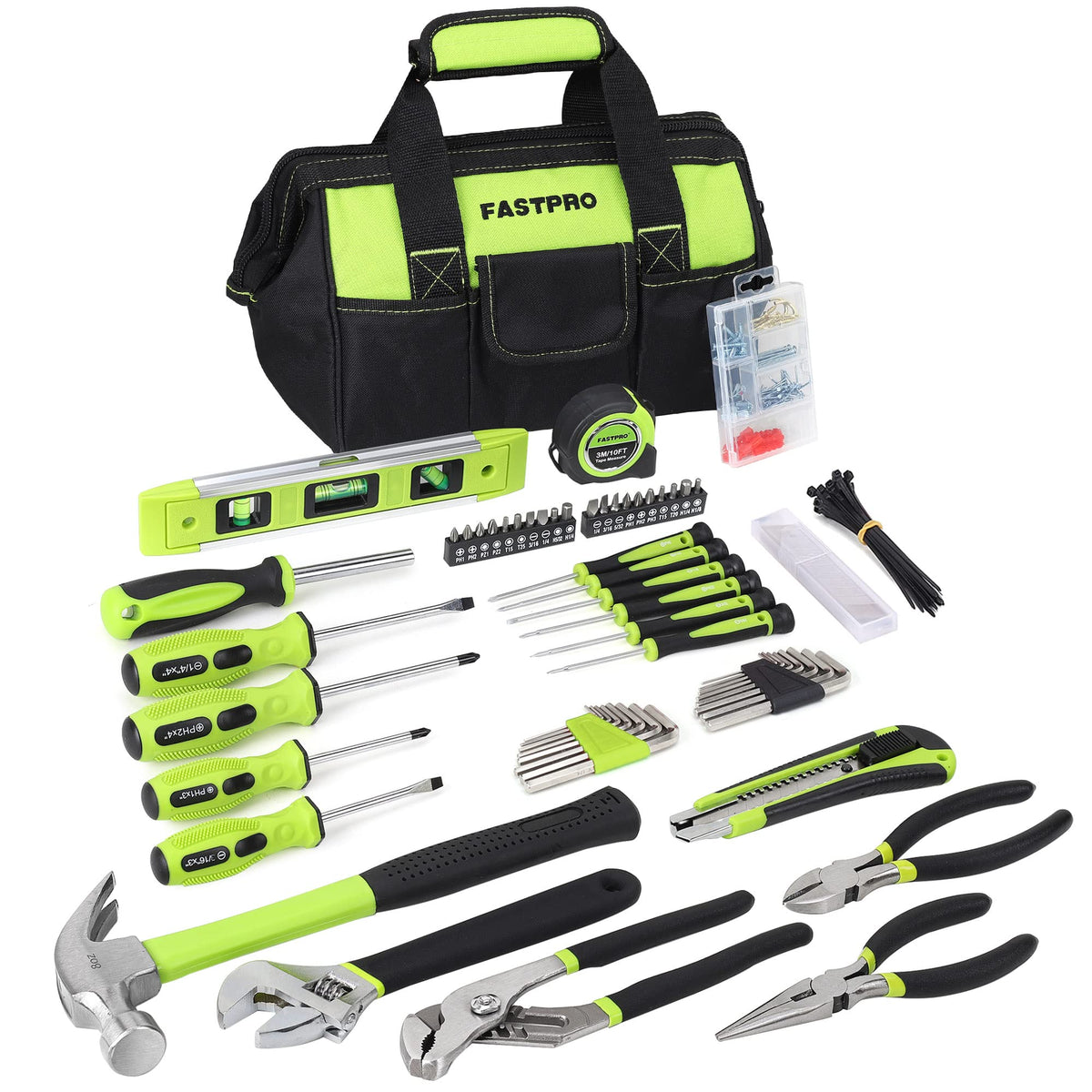 FASTPRO 215-piece tool set with green bag open for easy access