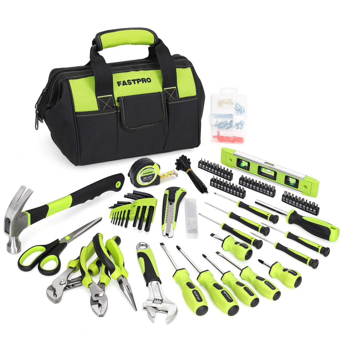 FASTPRO 220-piece tool set with bag open for easy access during home repairs.