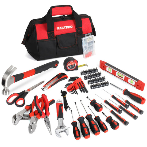 FASTPRO 220-Piece Tool Set bag open showing organized pockets for easy access