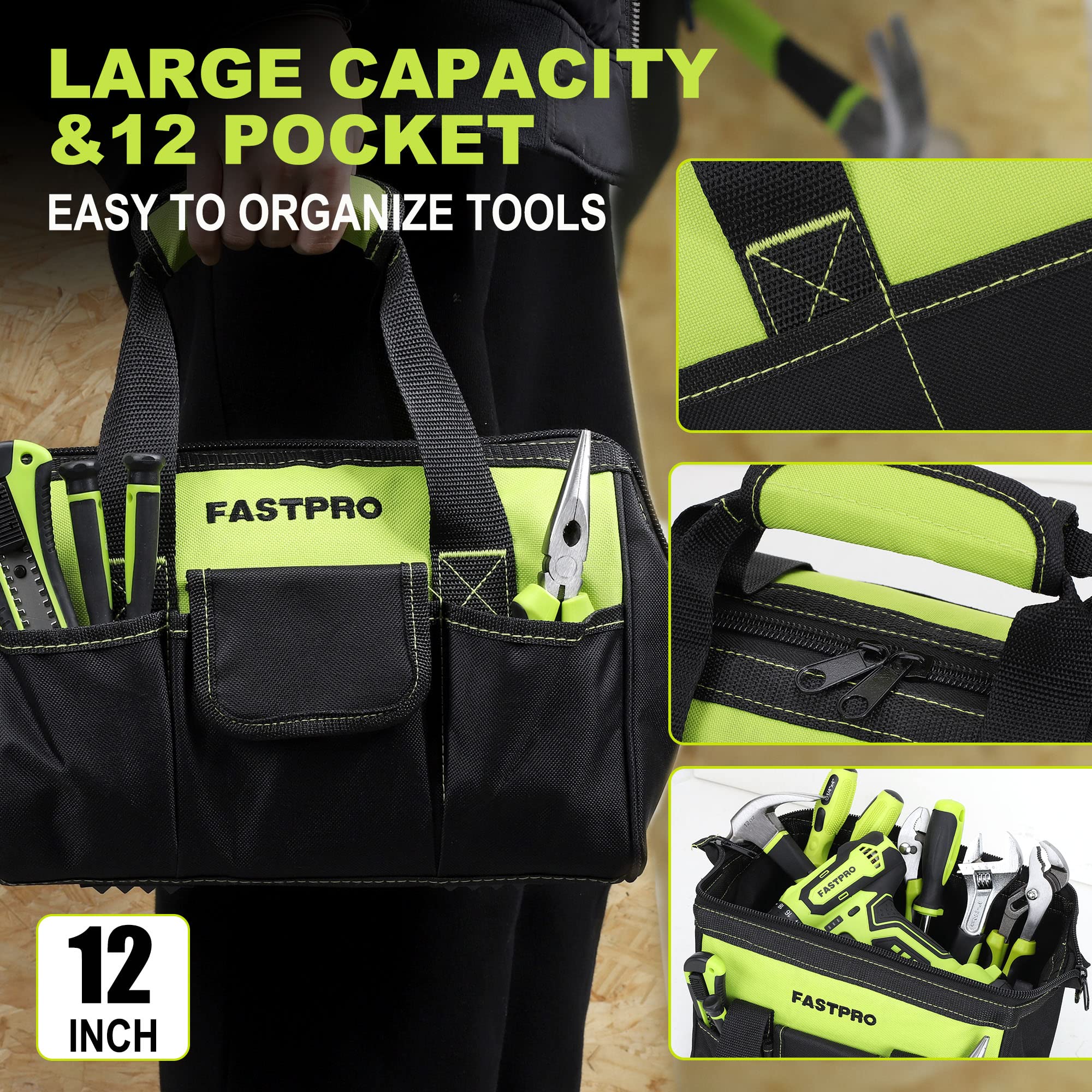 FASTPRO 12-inch wide-mouth storage bag for tools.