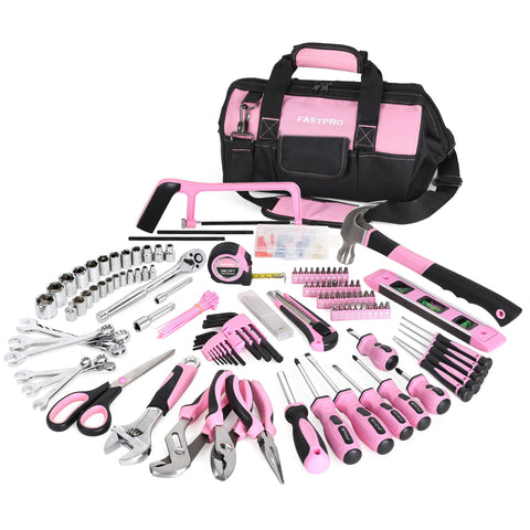 FASTPRO pink tool set with open wide-mouth bag for quick home repairs