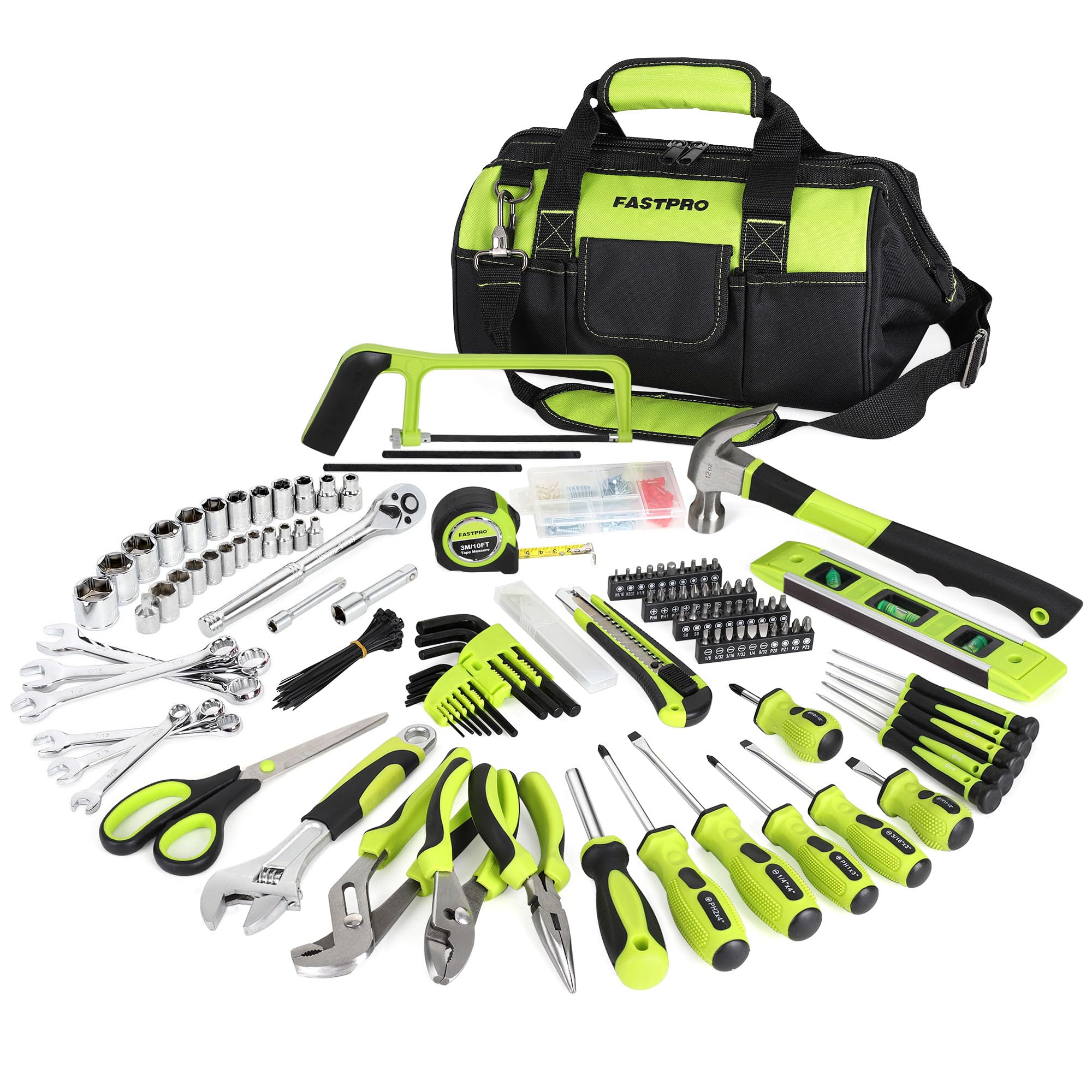 FASTPRO 267-piece tool set with open bag for quick DIY access.