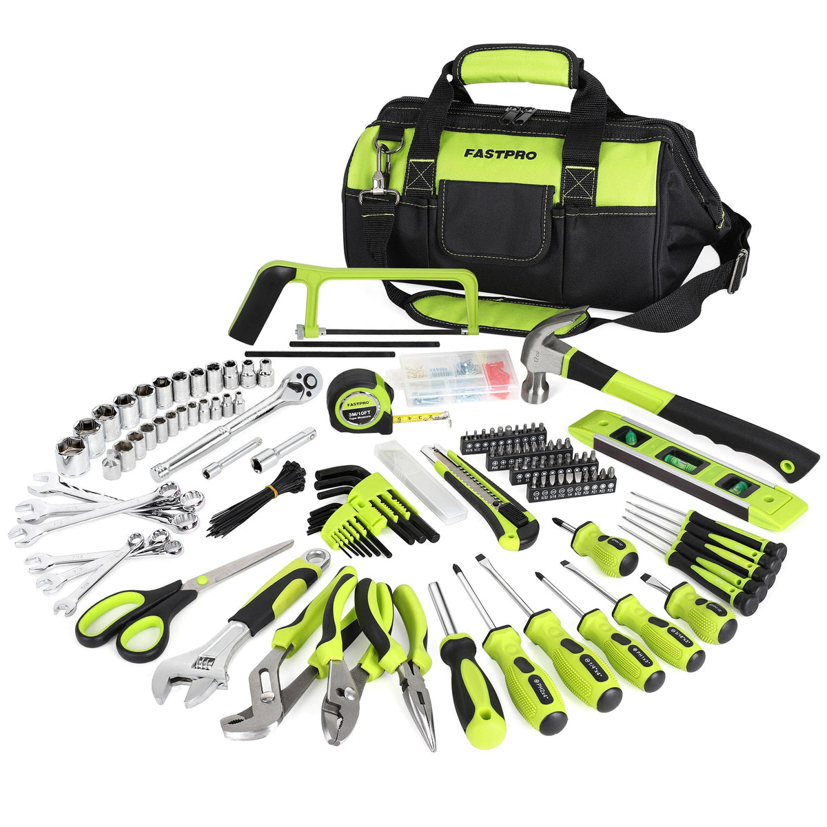 FASTPRO 267-piece tool set with open bag for quick DIY access.