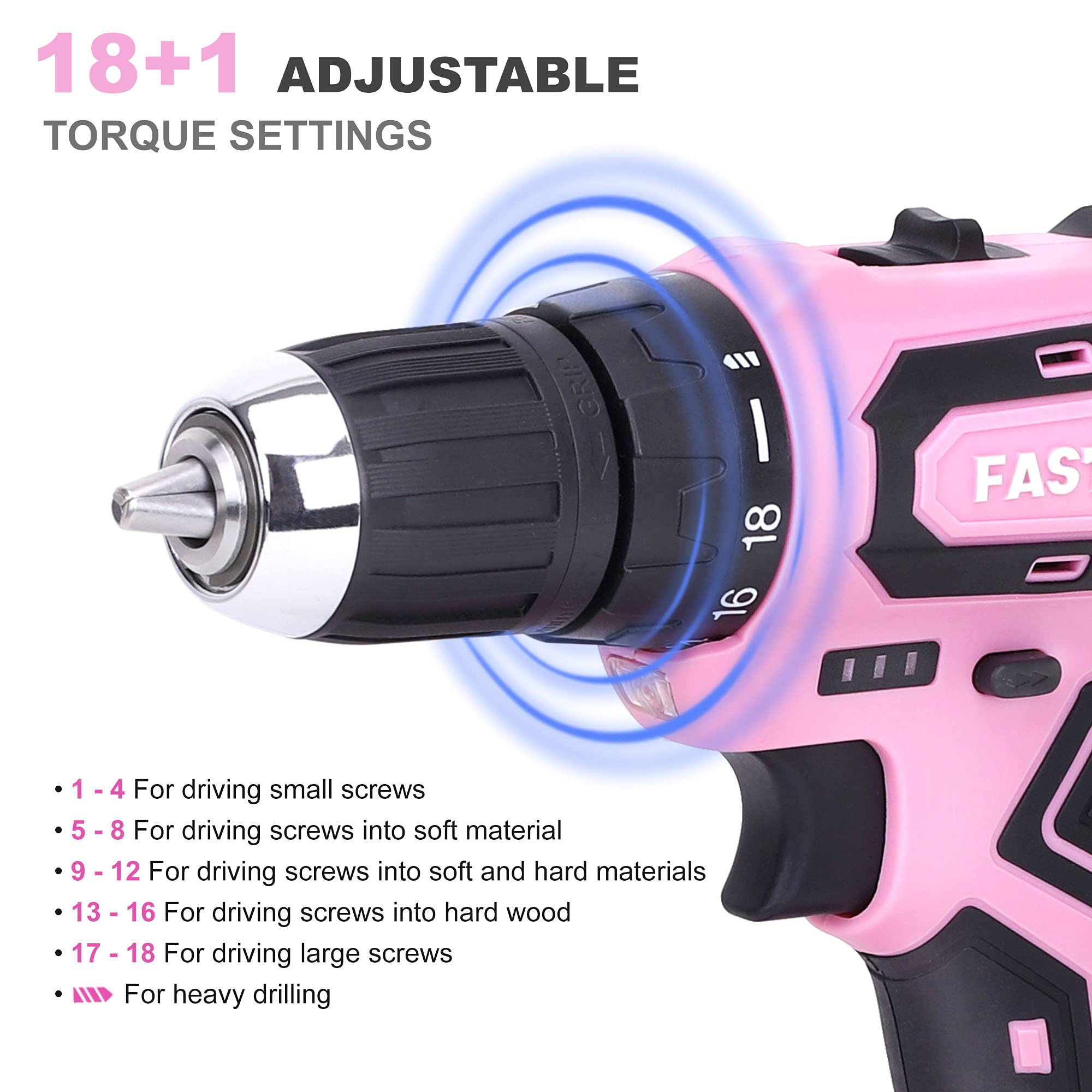 FASTPRO pink drill chuck 3/8-inch enables secure bit changes and control.