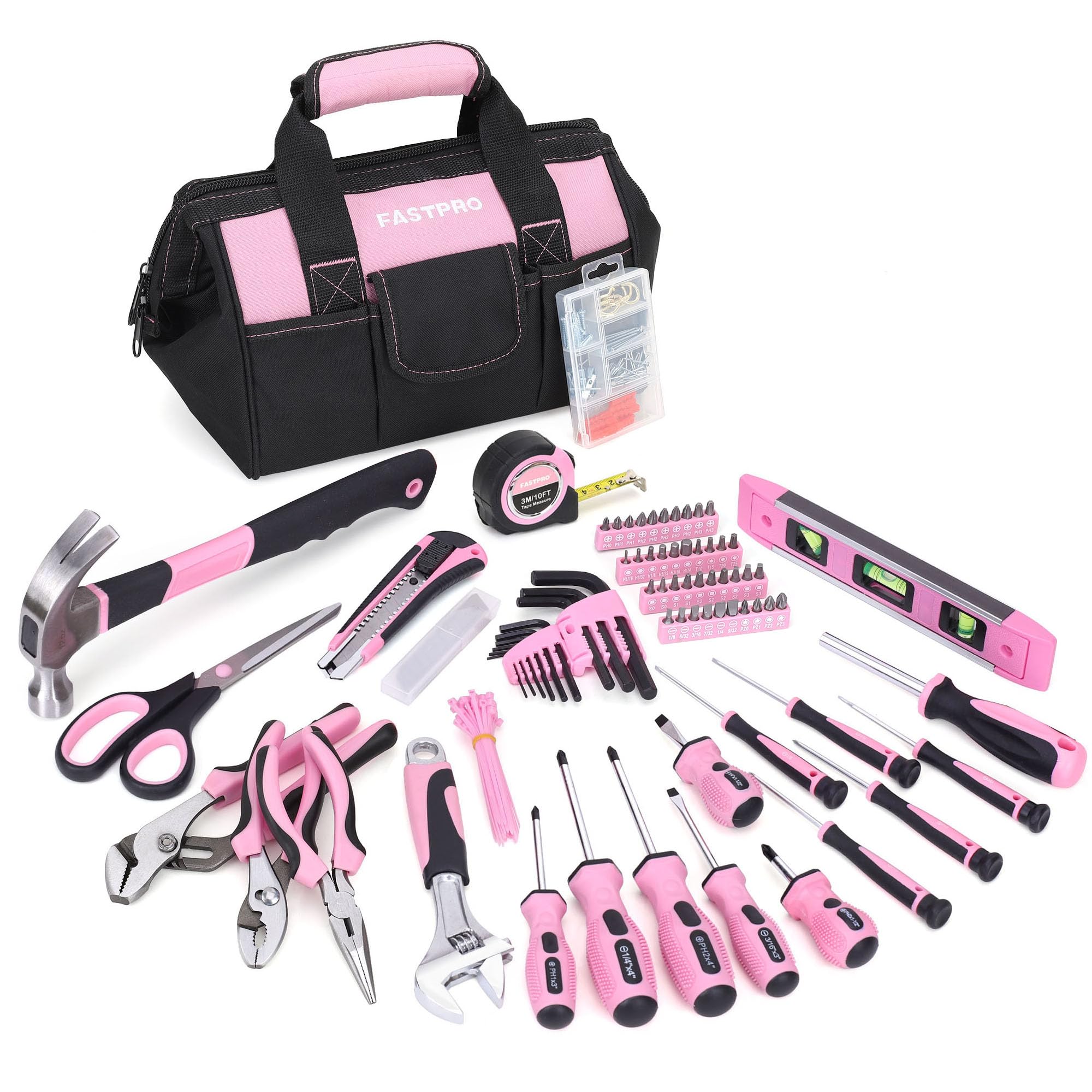 FASTPRO Pink Tool Set 220 pieces ready for versatile home repairs