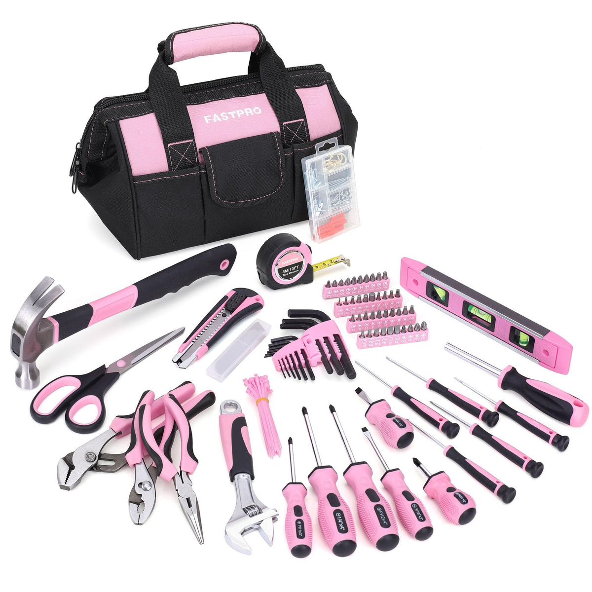 FASTPRO Pink Tool Set 220 pieces ready for versatile home repairs