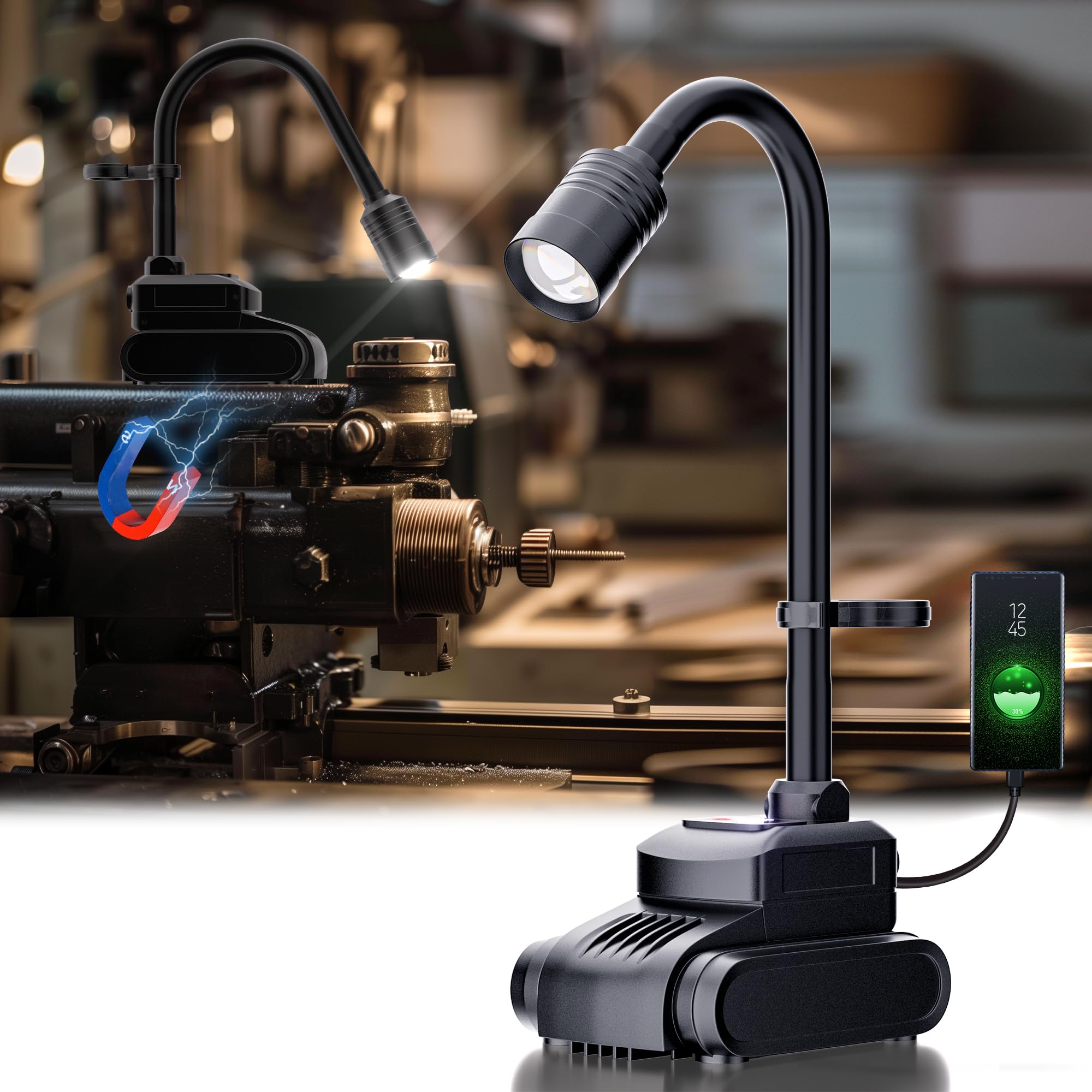 Favorlite LED work light with magnetic base for hands-free mounting on metal surfaces.