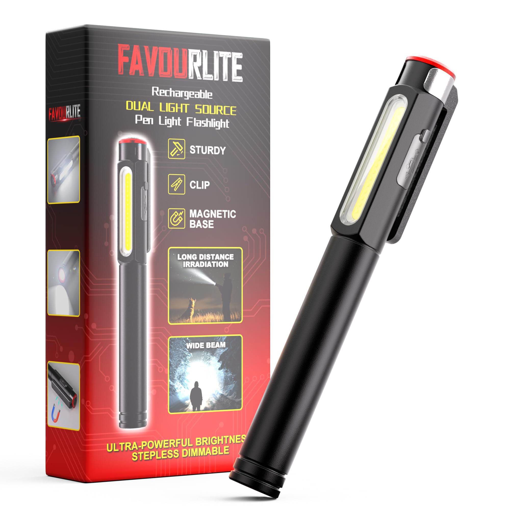 Favourlite rechargeable pen light with clip and magnet for hands-free use.