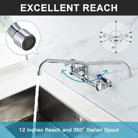 Favorpo faucet with 12-inch swivel spout enabling easy reach across sinks.