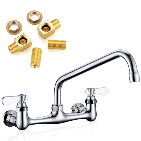 Favorpo wall mount faucet showing 8-inch center for flexible kitchen mounting.