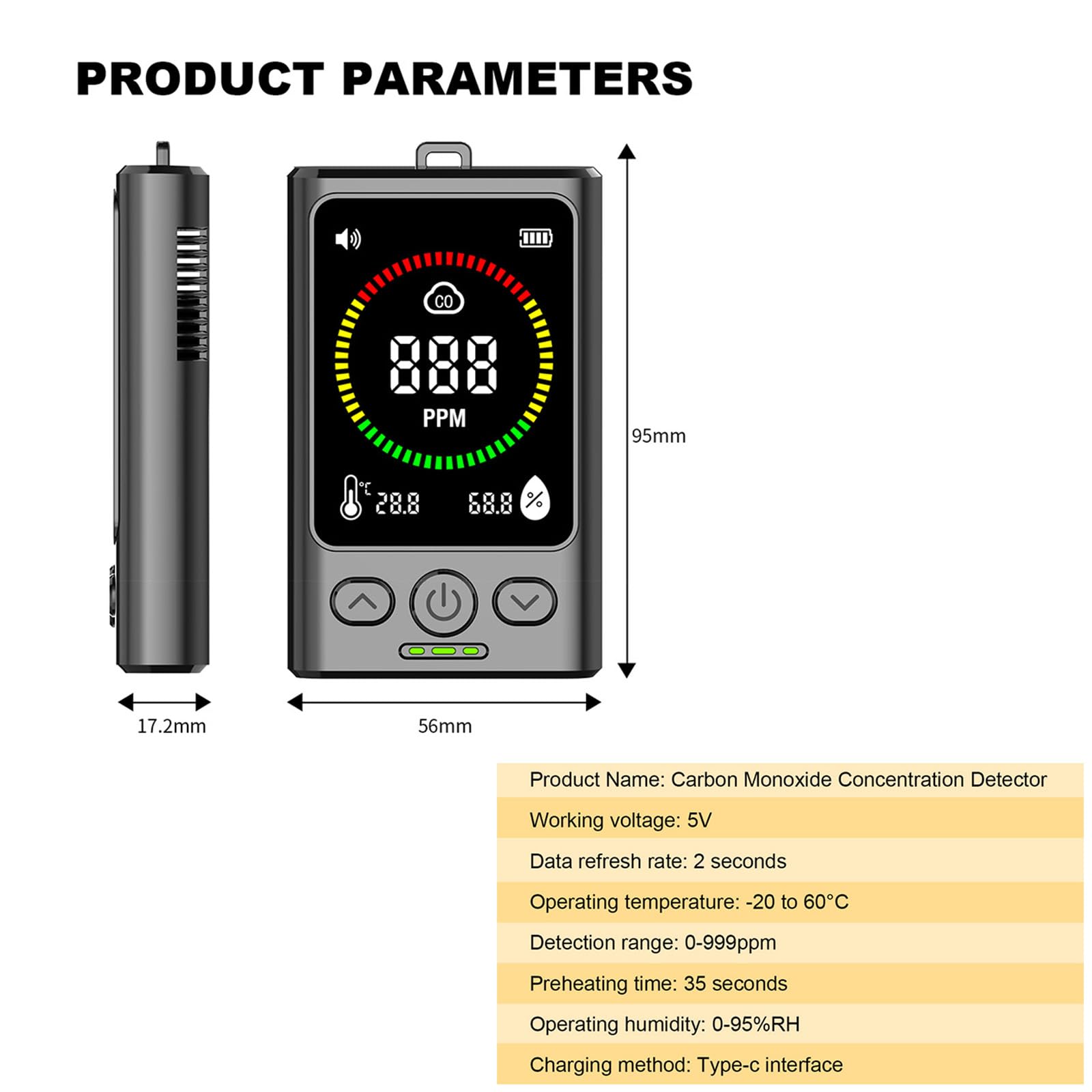 FAVXD portable CO detector side view showing compact travel-friendly design for on-the-go safety