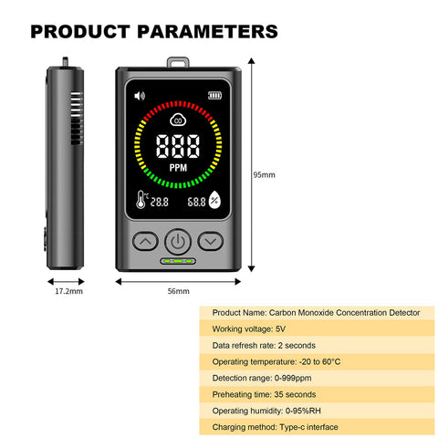 FAVXD portable CO detector side view showing compact travel-friendly design for on-the-go safety