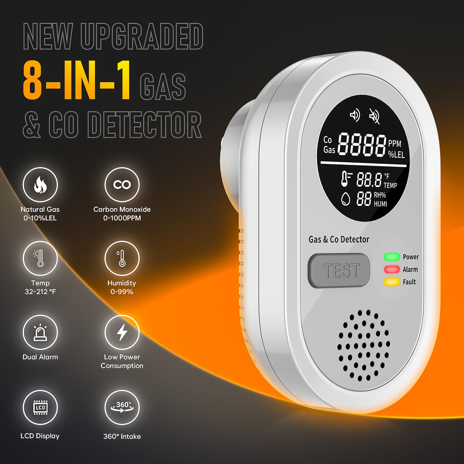 FayLuron 5-in-1 CO detector digital display shows temperature and humidity.