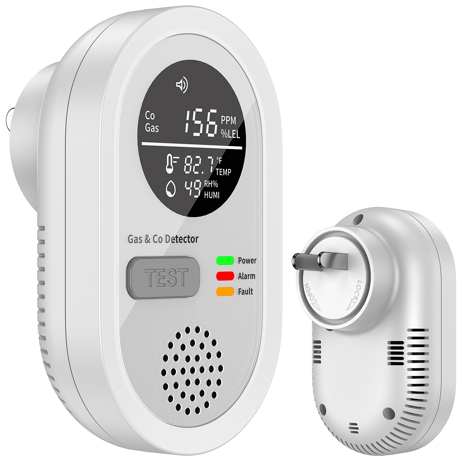 FayLuron 5-in-1 CO detector plug-in front view with real-time readings.