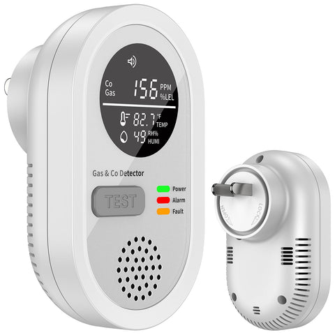 FayLuron 5-in-1 CO detector plug-in front view with real-time readings.