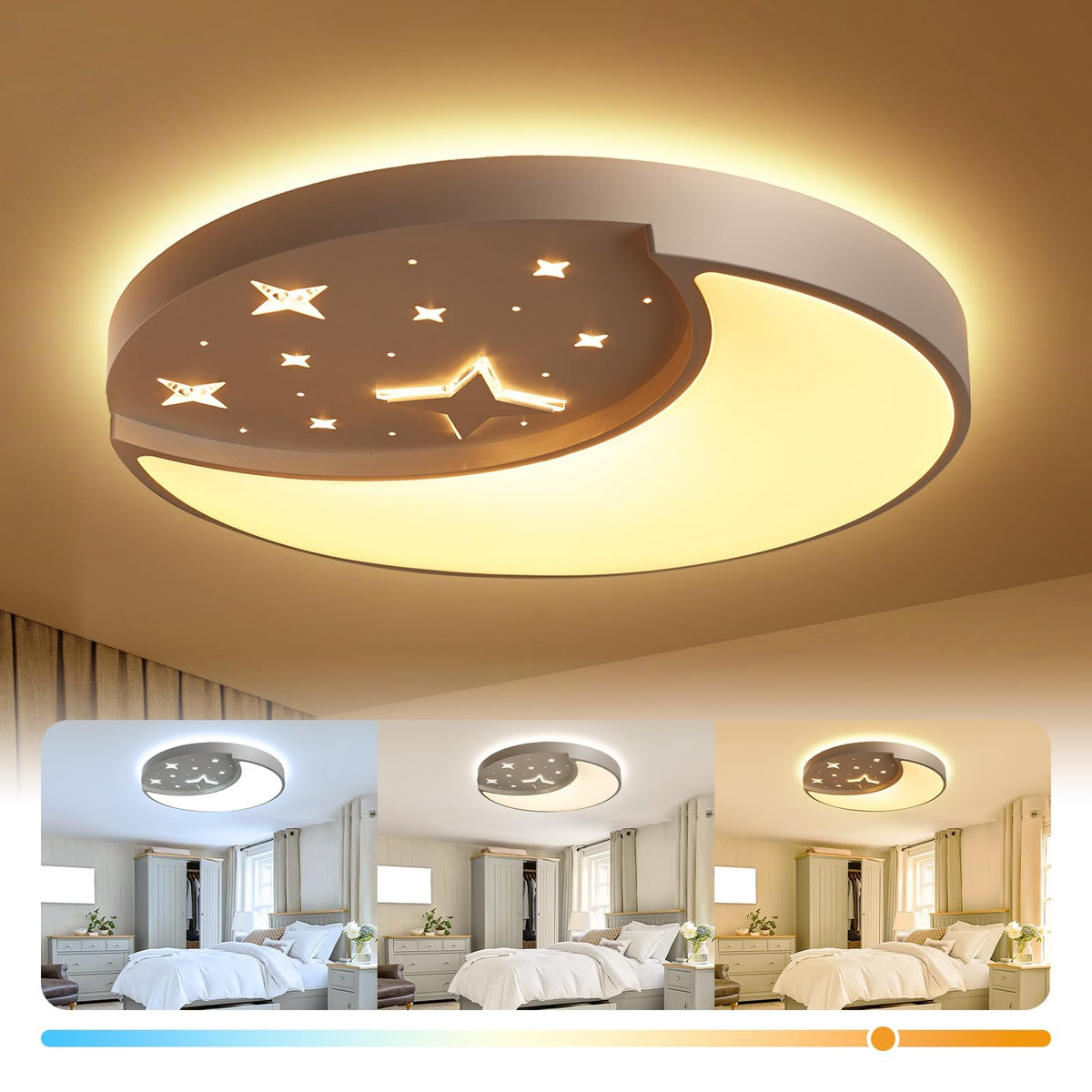 FAYOTAT Moon and Star ceiling light in a kid's room showing a gentle ambient glow.