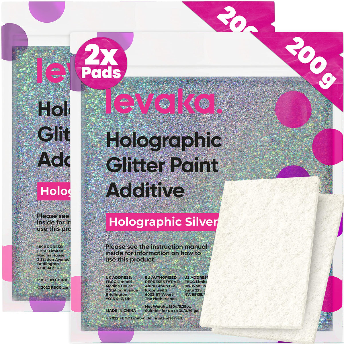 FBGC Levaka glitter paint additive bottle demonstrates holographic sparkle for vibrant wall accents.