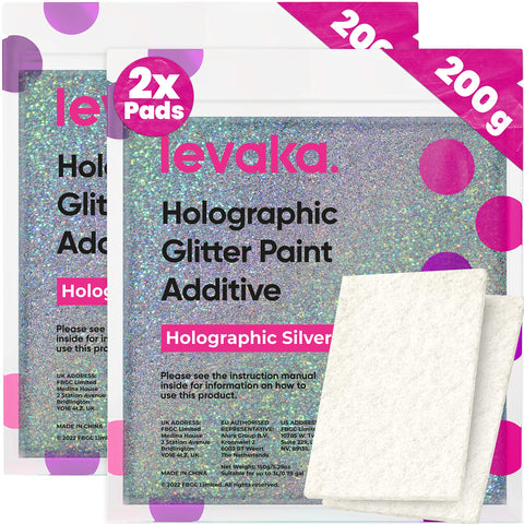 FBGC Levaka glitter paint additive bottle demonstrates holographic sparkle for vibrant wall accents.