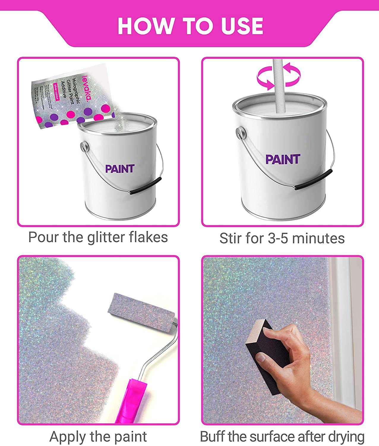 FBGC Levaka glitter paint additive mixed-paint bowl shows glitter evenly distributed in color.