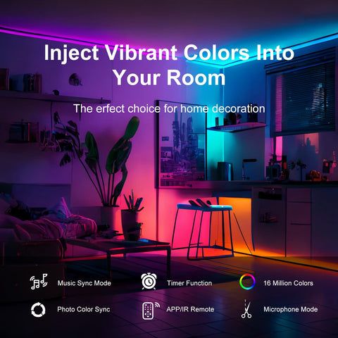 FBY LED strip shown with app and infrared remote control for easy lighting changes