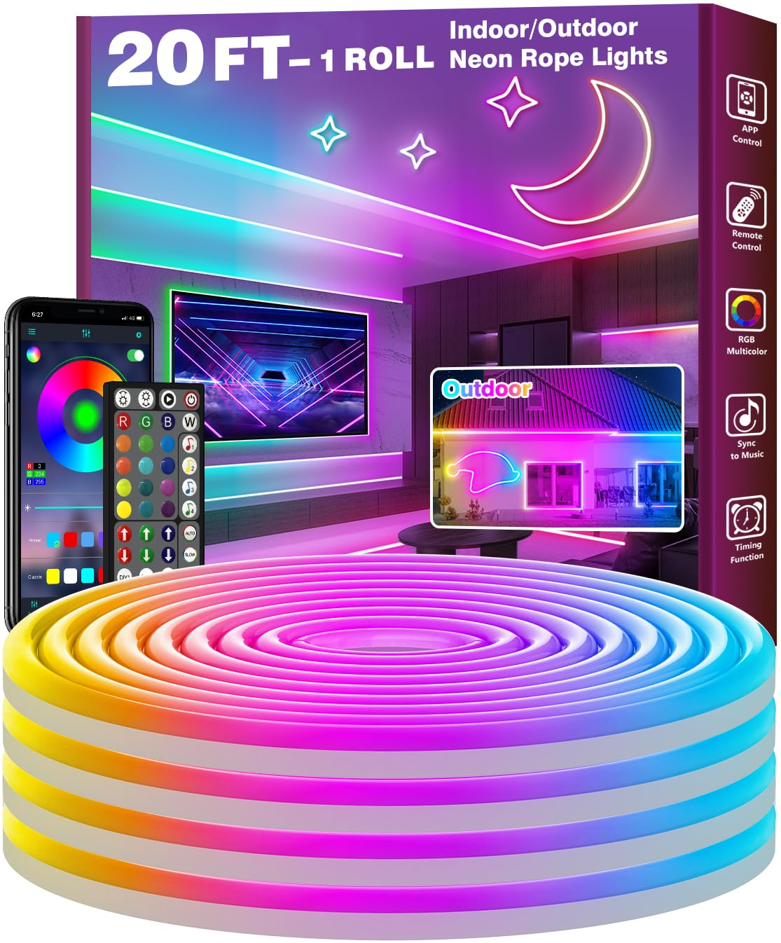 FBZ 20ft LED rope lights outdoors deliver vivid RGB for exterior ambiance.