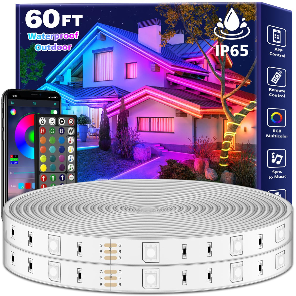 FBZ 60ft outdoor waterproof LED strip lights illuminate patios with durable weatherproof design.
