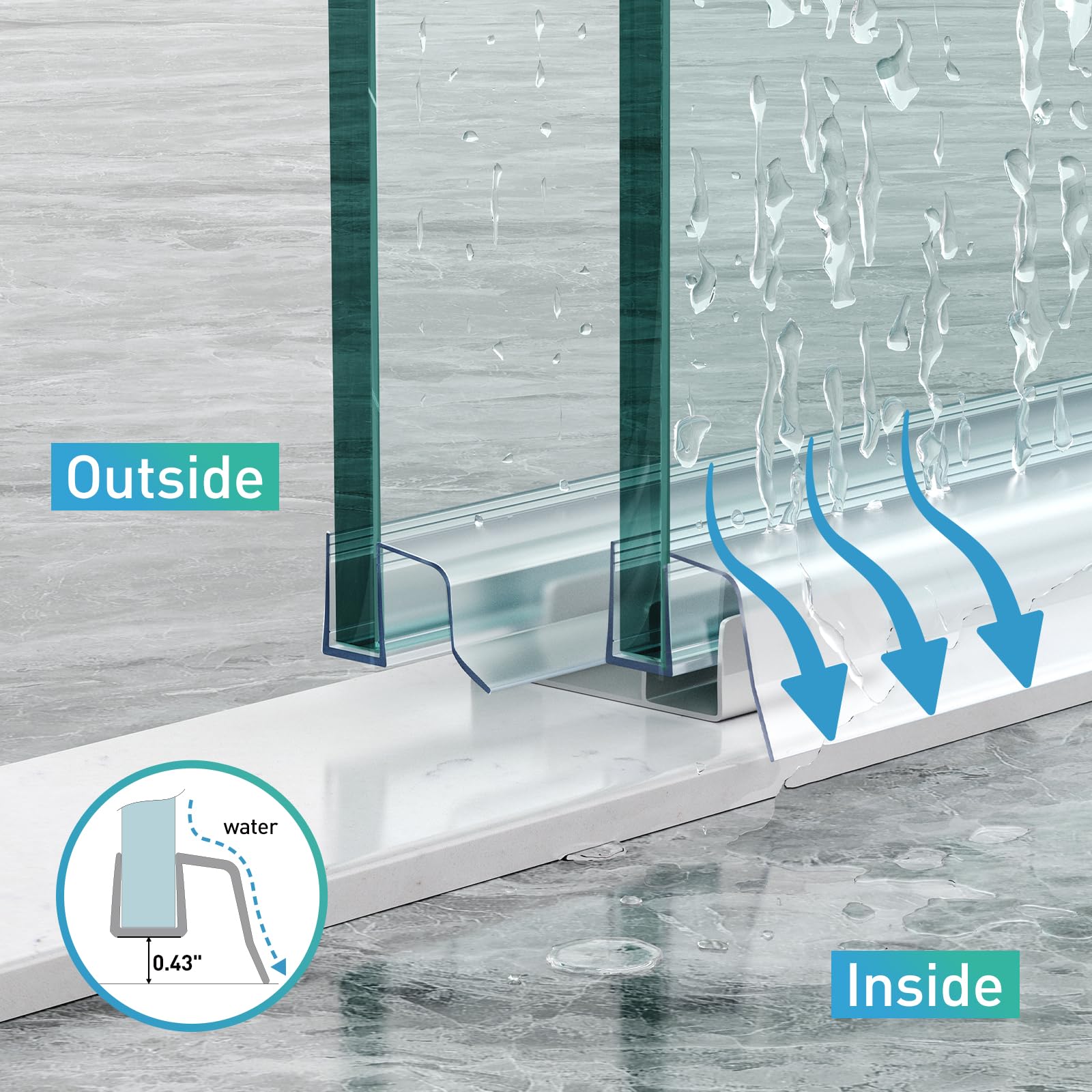 FCSOTSPS water barrier shield seals in water near the shower entrance