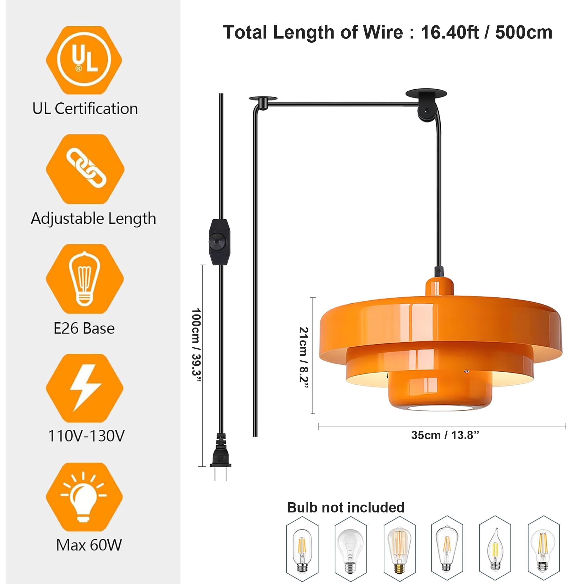 FCTWAKS E26 base pendant supports LED or incandescent bulbs for versatile lighting.