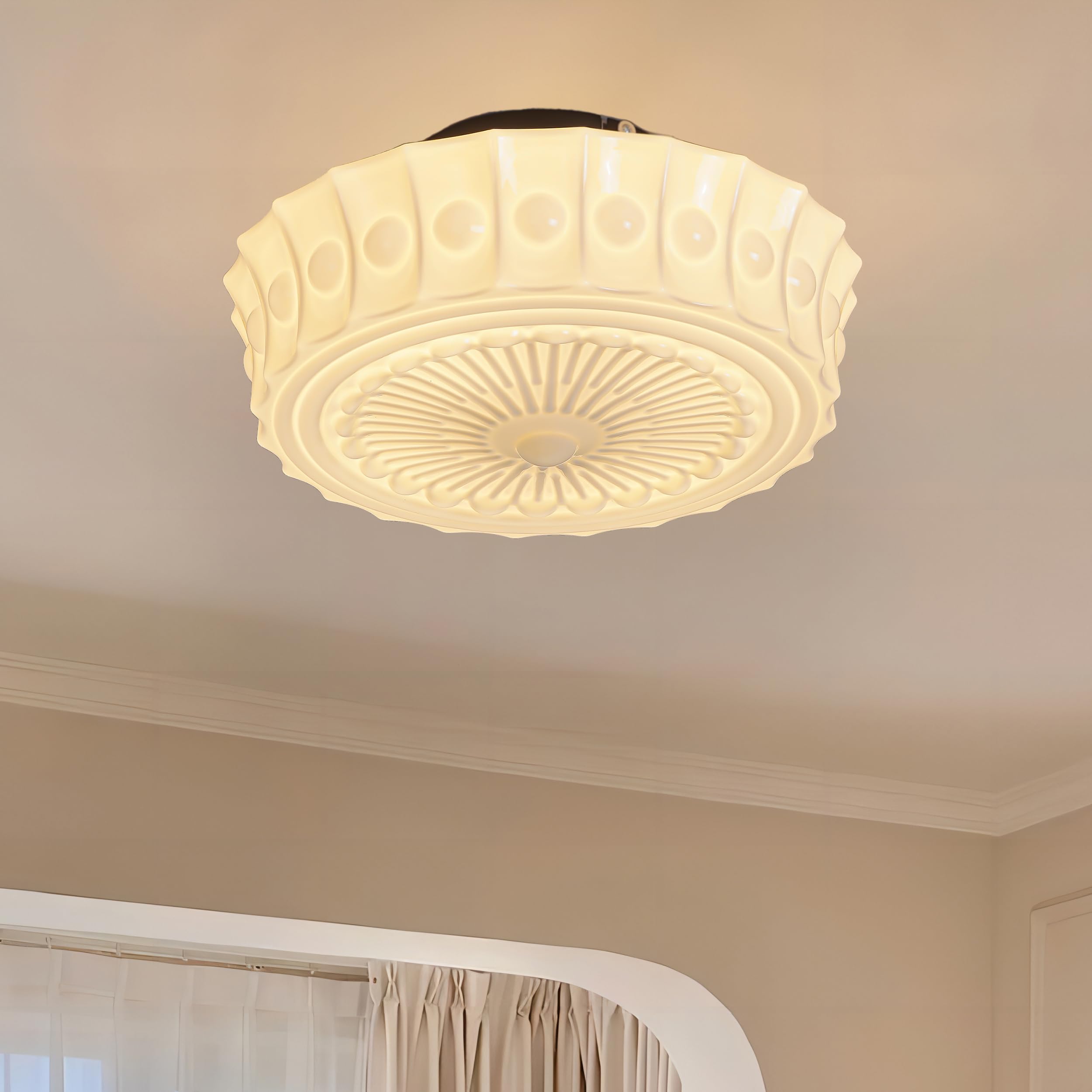 FCTWAKS Schoolhouse light with cream-yellow milk glass brightens entryways with vintage charm.