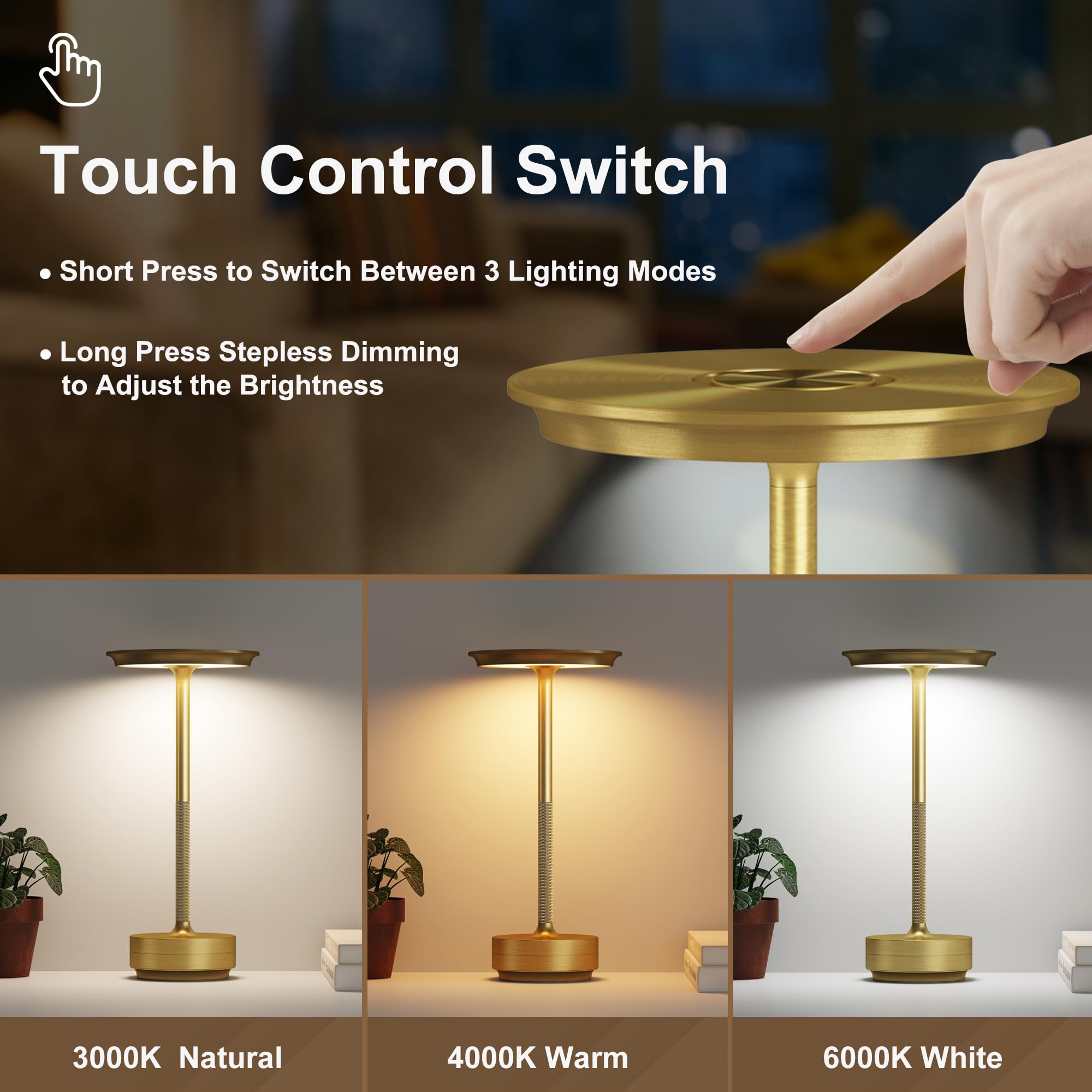 FDIDC brushed gold cordless lamp with anti-slip base for steady dining ambiance