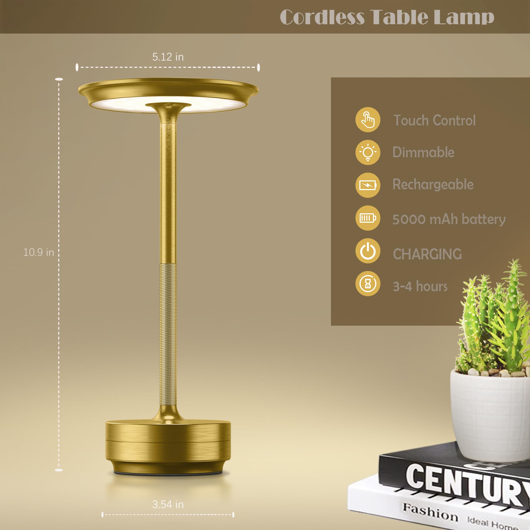 FDIDC gold table lamp in use at a bar, cordless convenience.