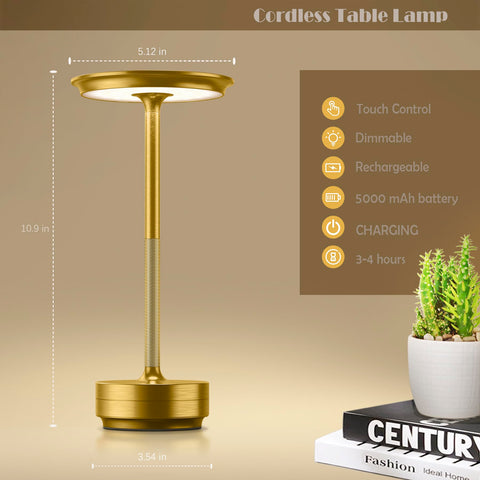 FDIDC gold table lamp in use at a bar, cordless convenience.