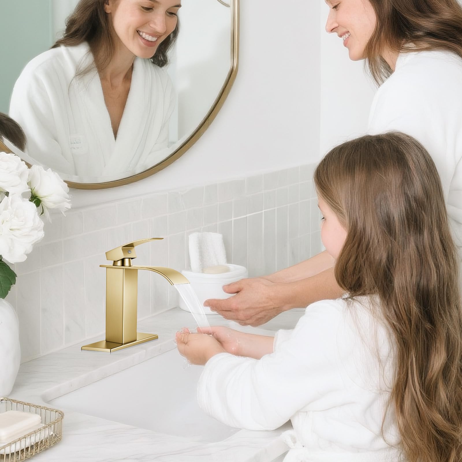 FDKW brushed gold faucet includes deck plate suitable for 1- or 3-hole sinks