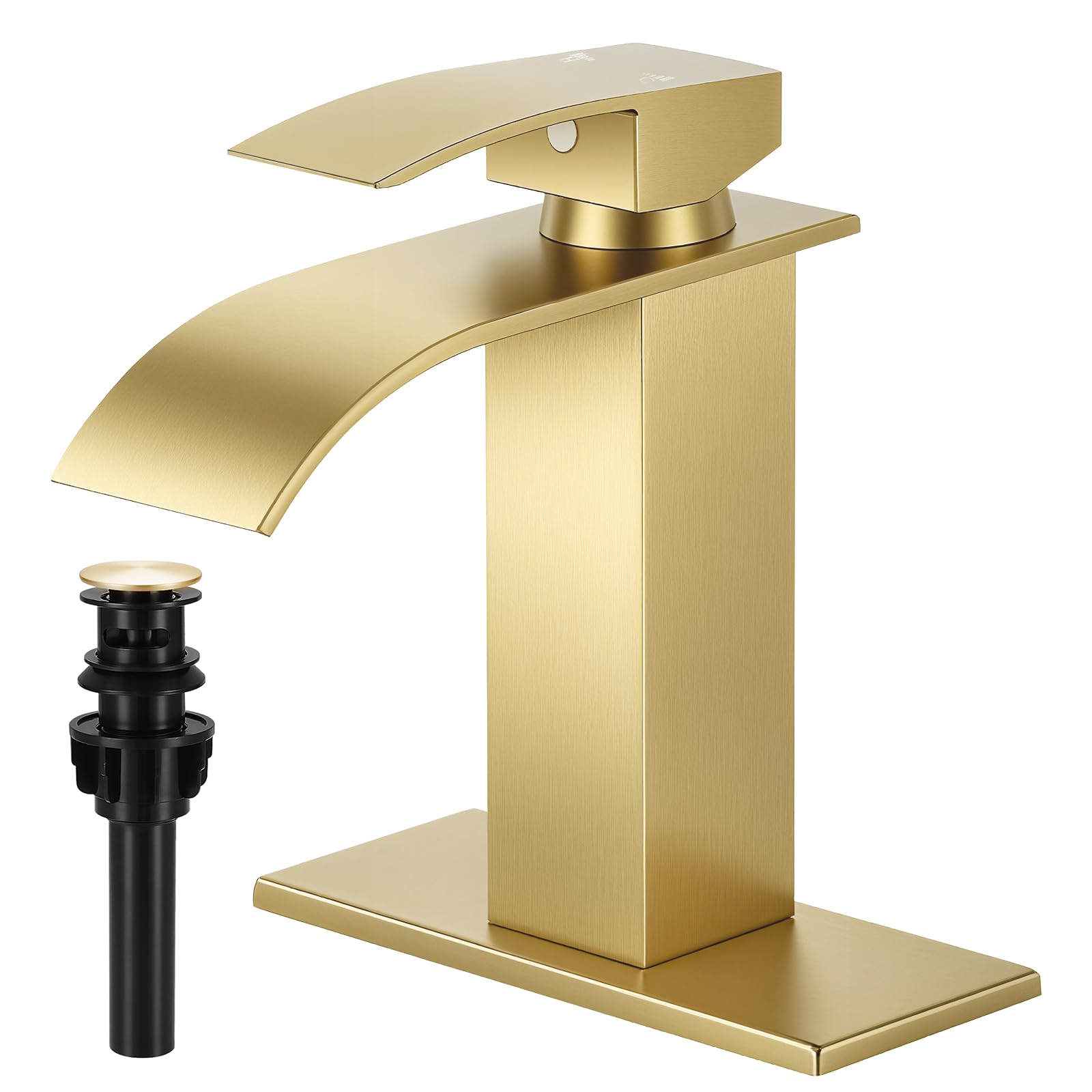 FDKW Brushed Gold faucet with waterfall spout delivers a tranquil, splash-minimizing flow
