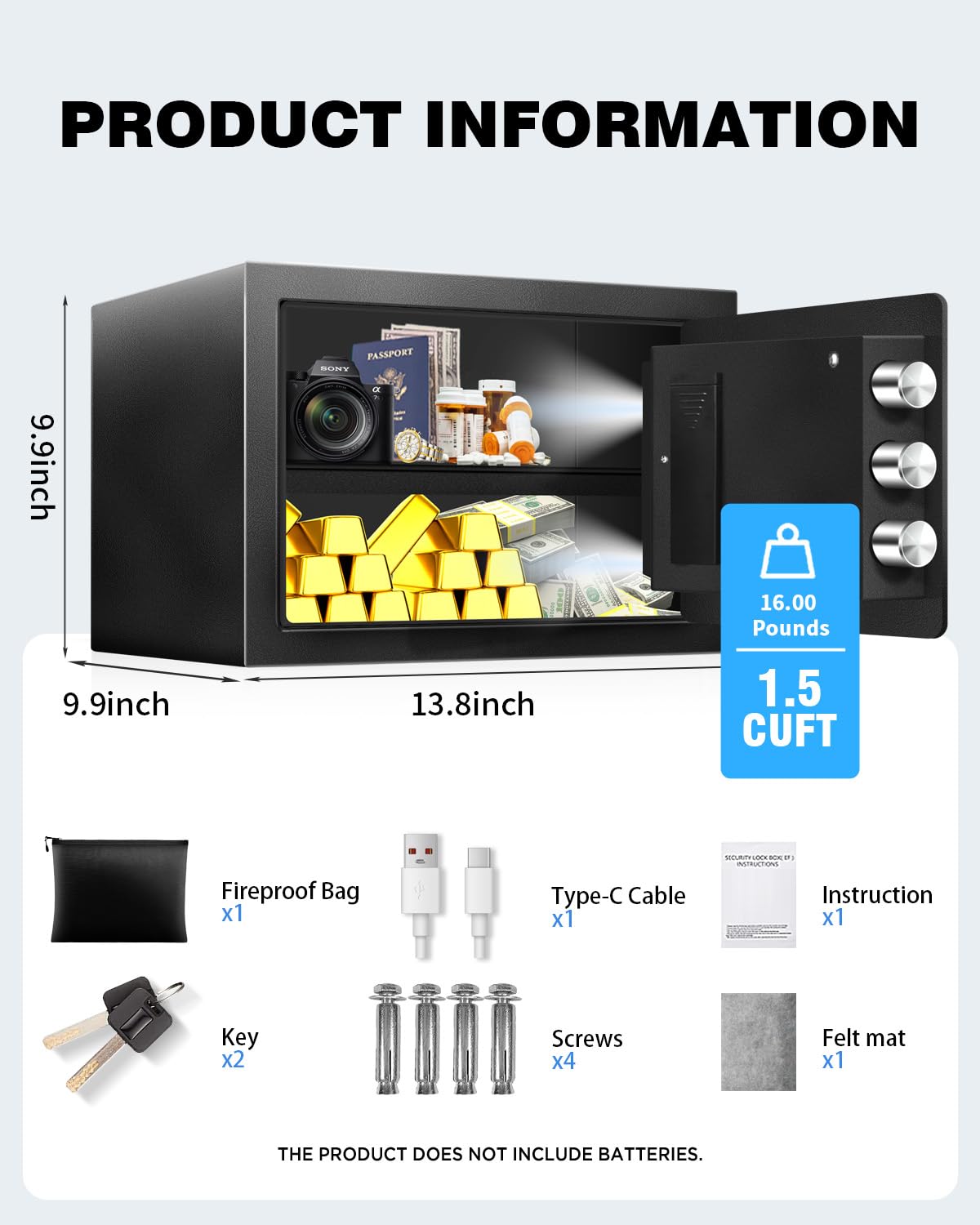 Fdsutvit Safe Box steel construction deters tampering and theft.