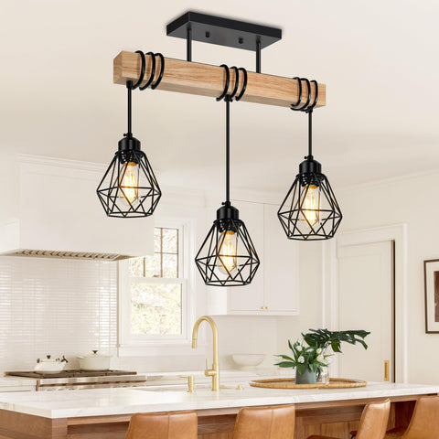 Feanron 3-Lights farmhouse pendant over dining table enhances warm dining ambiance