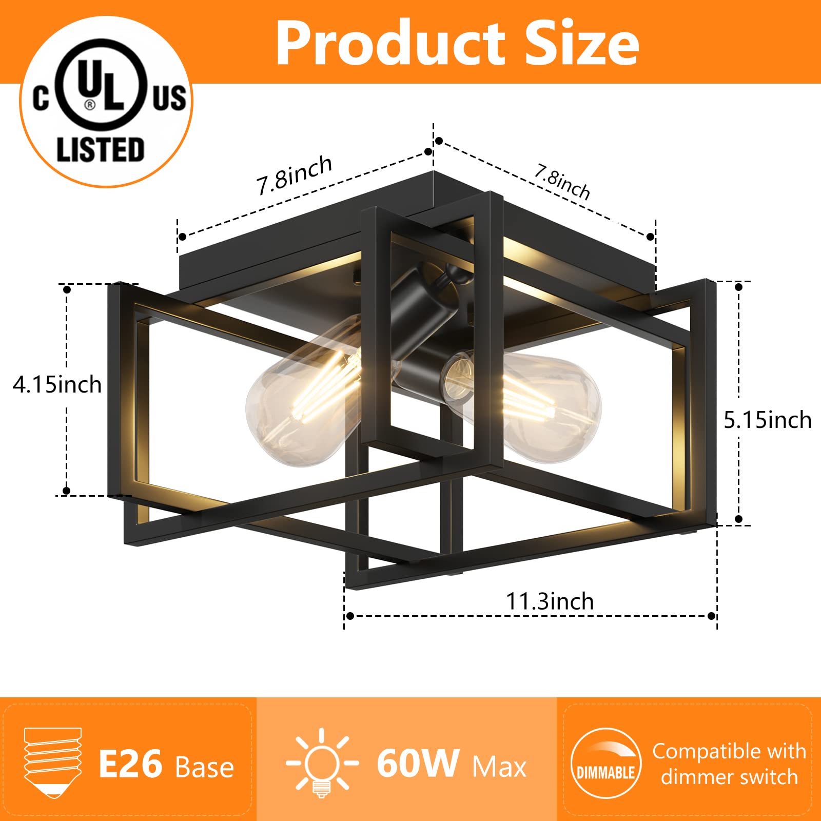 Feanron rectangle close-to-ceiling light with open frame for clean lines