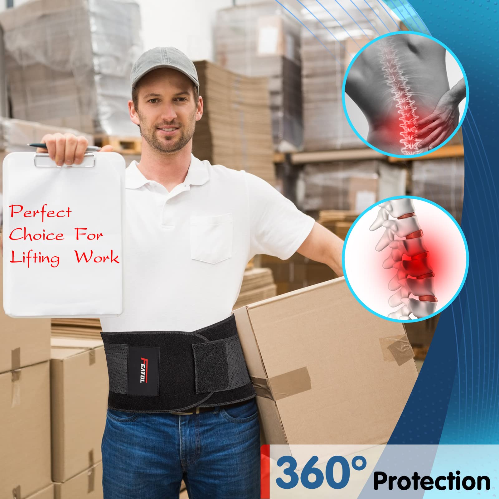 FEATOL back brace in gym setting demonstrating 360-degree support