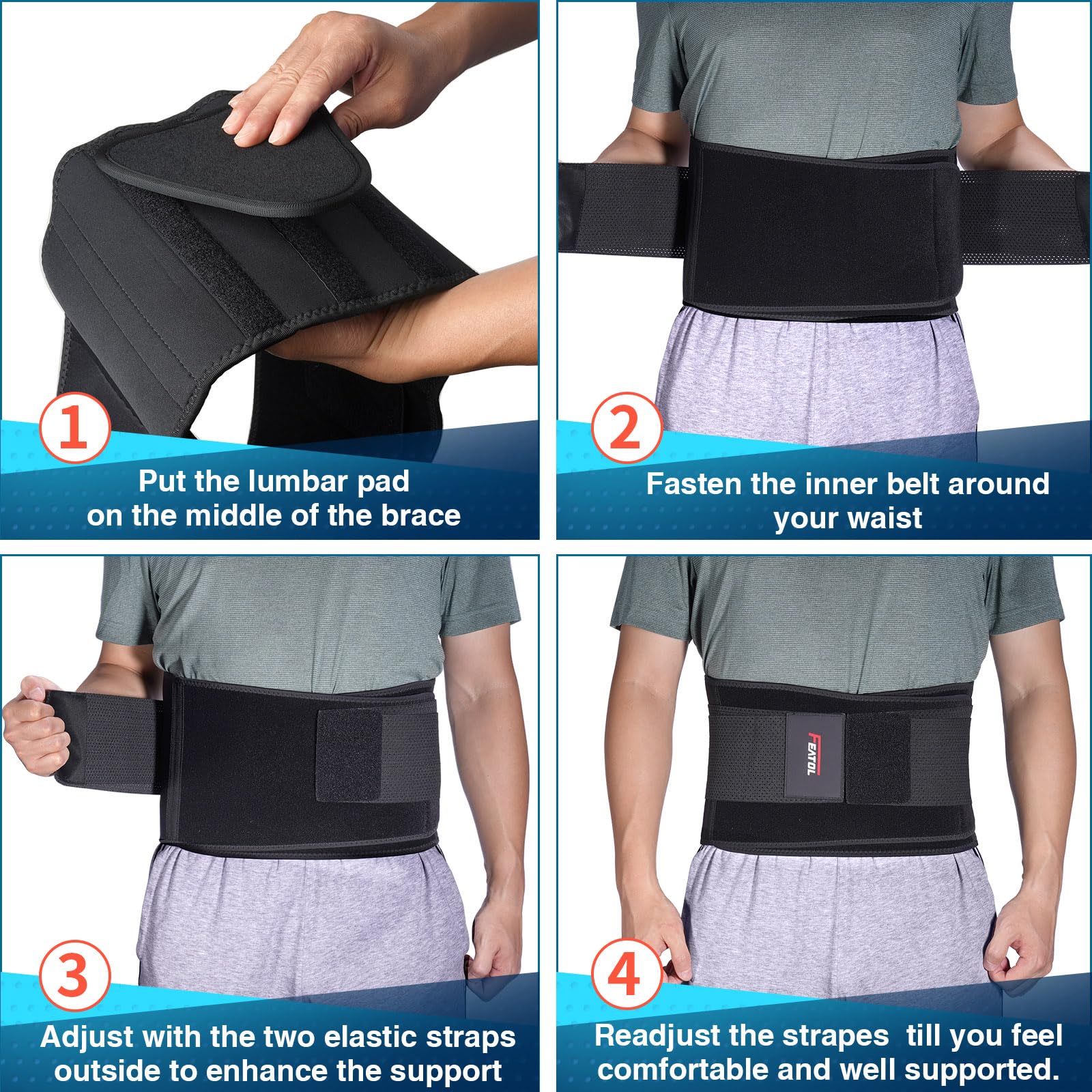FEATOL back brace with outer Velcro strap for quick adjustments.