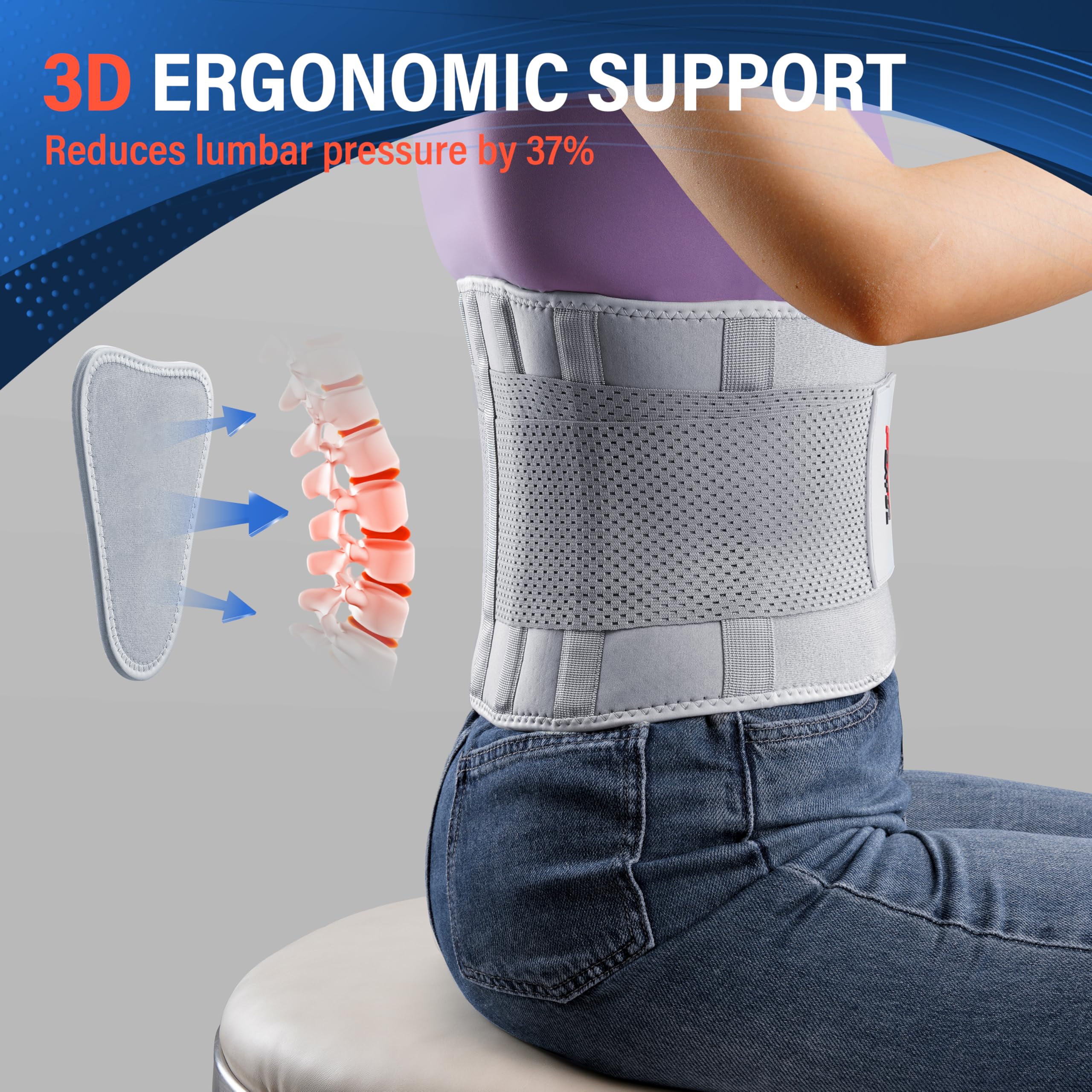 Breathable back support belt keeps you cooler during long shifts.