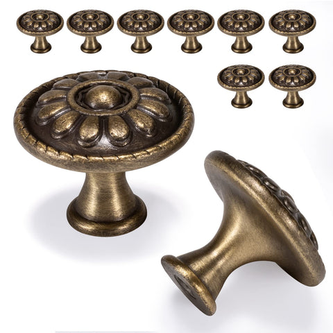 Fecraf antique brass knob on a dresser front adds timeless style