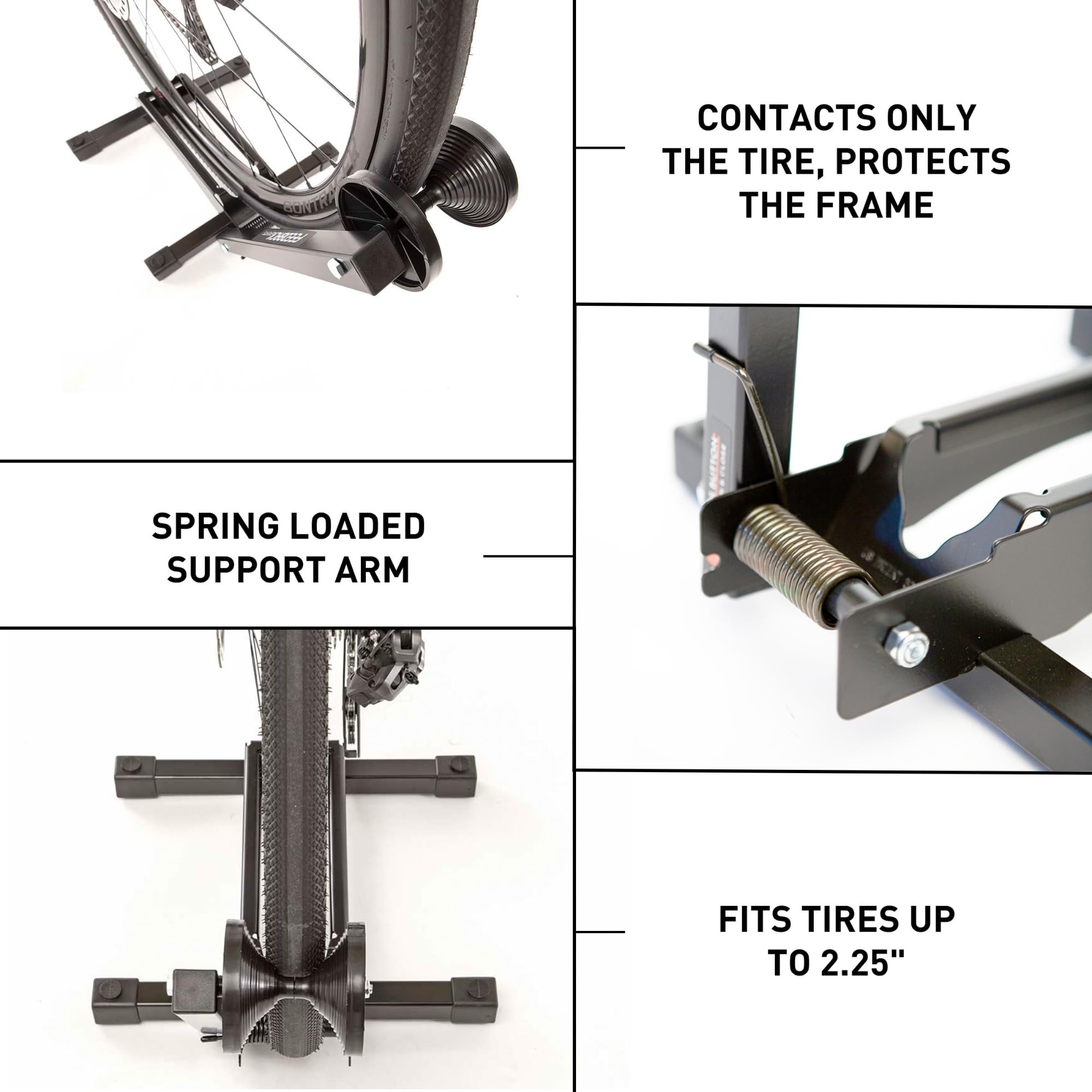 Feedback Sports RAKK wheel-slot closeup, spring-loaded grip protects rims.