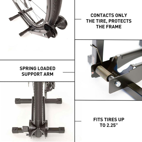 Feedback Sports RAKK wheel-slot closeup, spring-loaded grip protects rims.