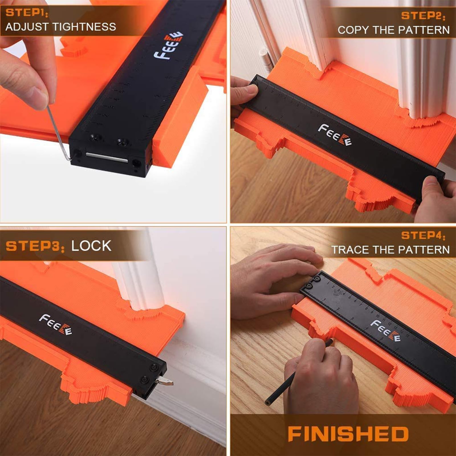 Feeke contour gauge woodworking setup with ruler alignment for tiling or carpentry