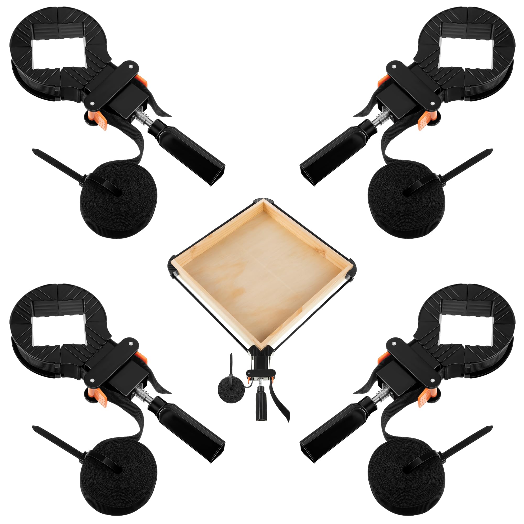 Feekoon 4-pack belt band clamps stabilize wood frames during glue-up.