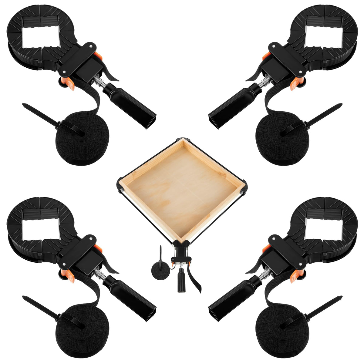 Feekoon 4-pack belt band clamps stabilize wood frames during glue-up.